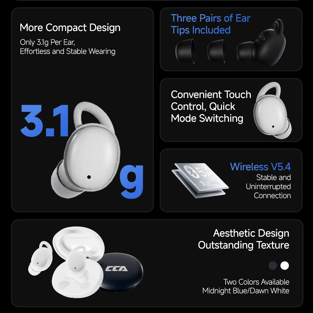 CCA Sleep Invisible Stereo Headset Wireless Bluetooth Earphone Earbuds with Mic for Phone Bluetooth 5.4 Headphones - Image 4