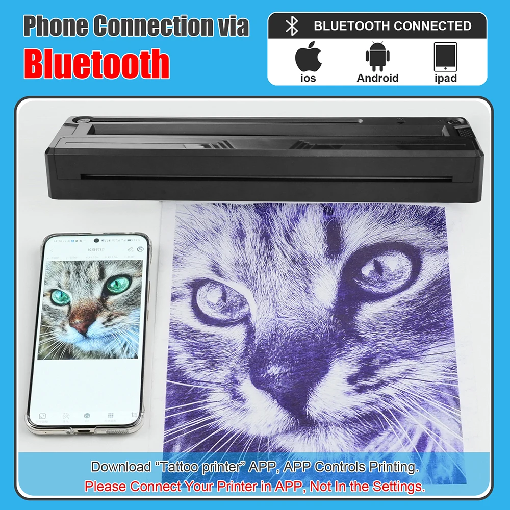 Wireless Tattoo Printer Bluetooth Tattoo Stencil Thermal Transfer Machine with 10 Transfer Paper Compatible with Smartphone & PC - Image 6
